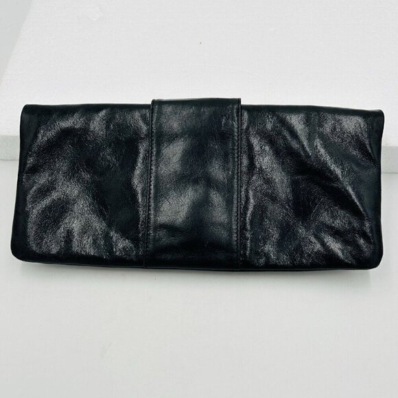 HOBO INTERNATIONAL Black Leather Fold-Over Clutch Bag Purse 11.25" Wide - Picture 9 of 11